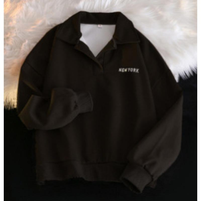 Women Loose Long Sleeve Polo Collar Thin Casual Sweatshirt For Ladies