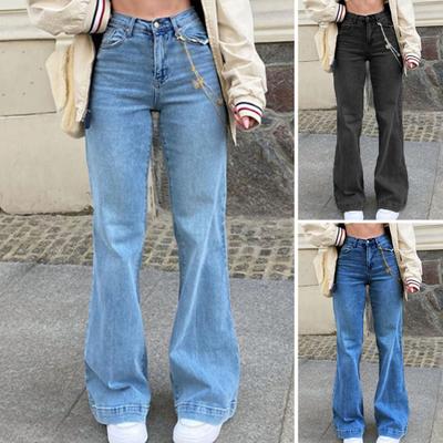 Elastic Waist Multi Pockets Straight Button Fly Women Jeans Fashion Mid-Waist Women Wide Leg Casual Jeans Streetwear