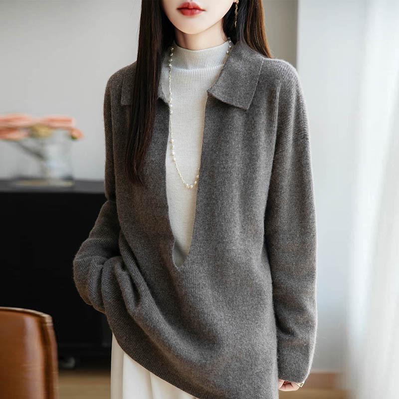 2025 Autumn/Winter Women's Pure Wool V-Neck Knit Polo - Casual Loose Pullover