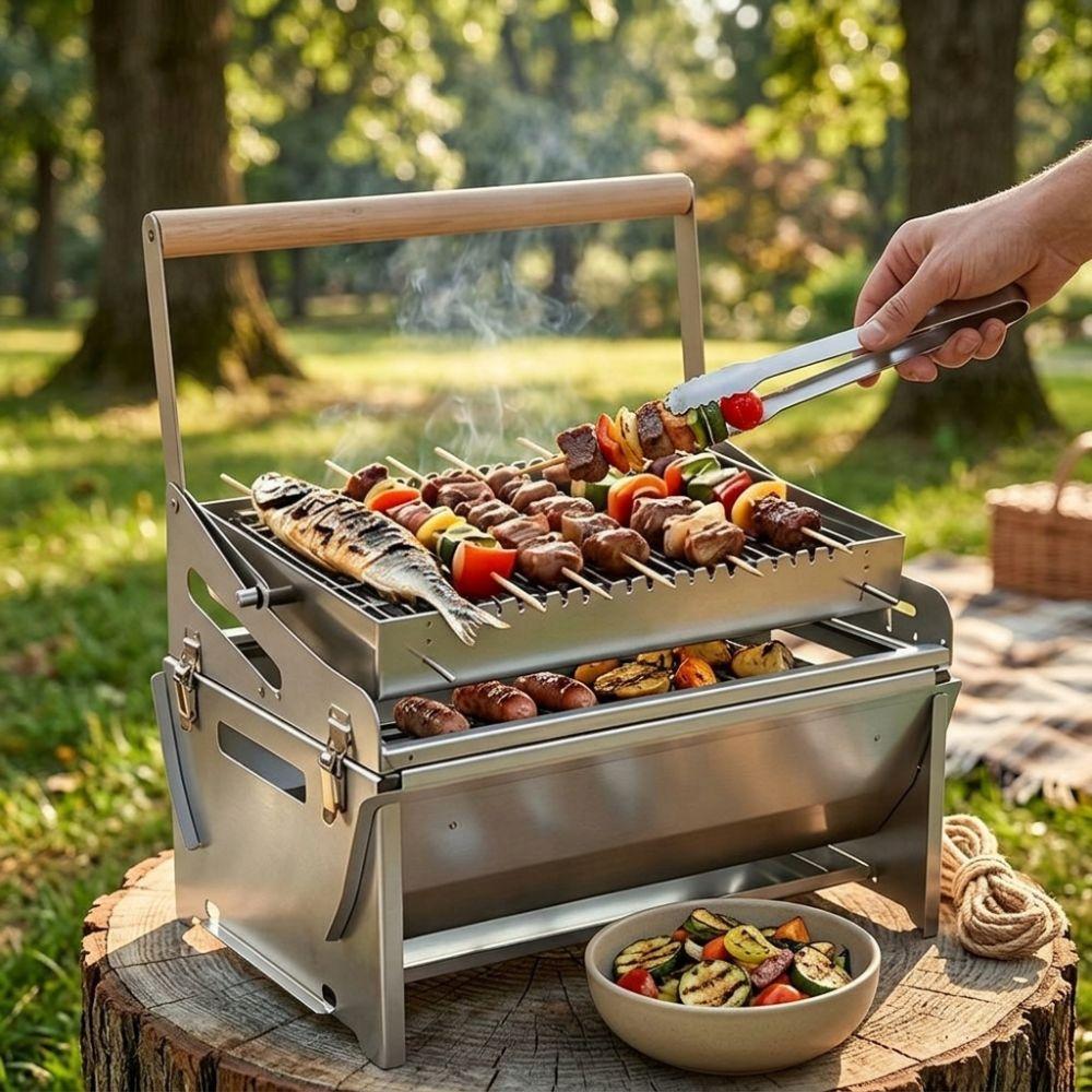 Klappbarer 360° drehbarer Stahlgrill Abnehmbares Grillrost Holzgriff Kleiner Grillrost Rostbeständig Belüftungslöcher