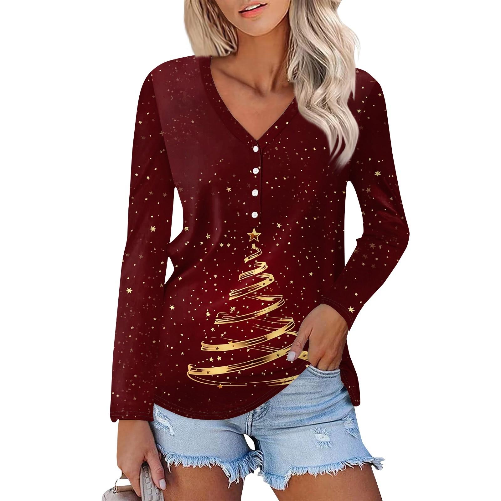

Женская повседневная мода сексуальный комфорт рождественские принты V-образный вырез пуговицы длинный рукав футболка топ S