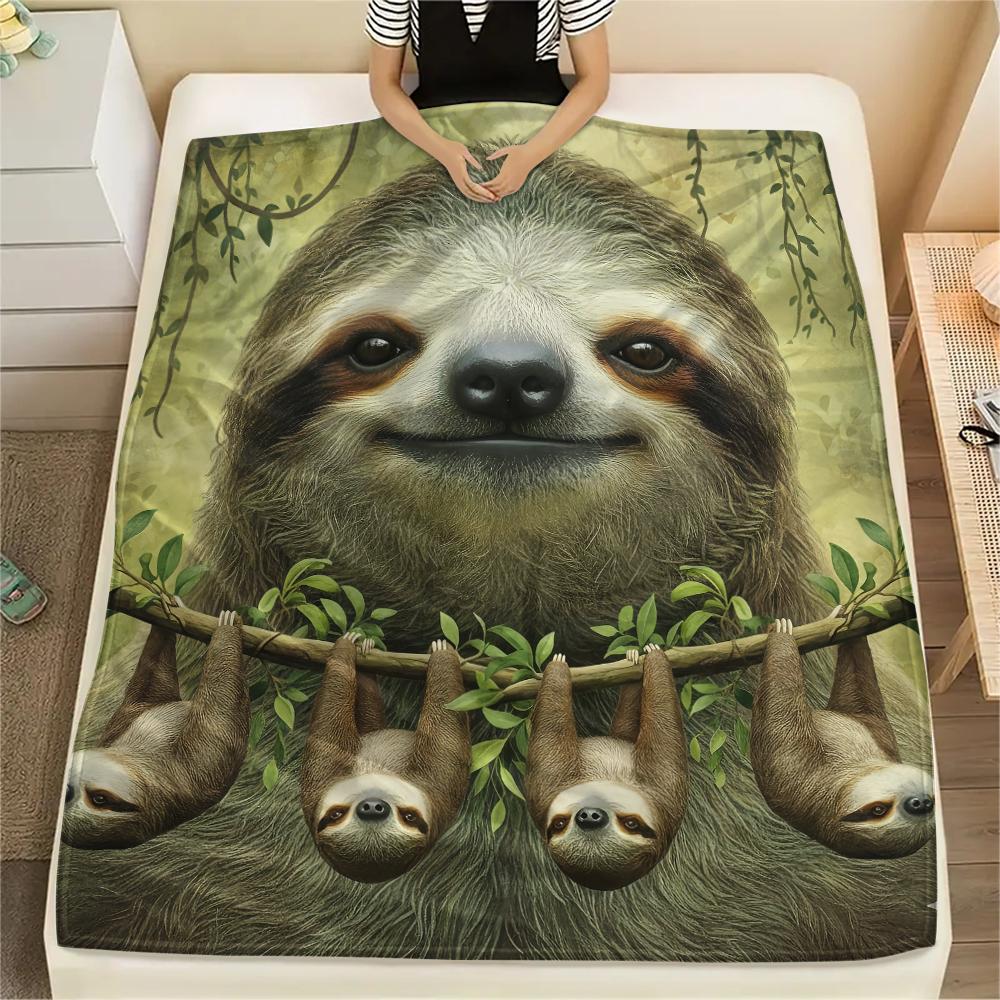 1Pc Raccoons and Sloth Print Flannel Blanket, High quality Comfortable for All Seasons, Home Decor, Warmth and Comfort, Perfect for Gifts