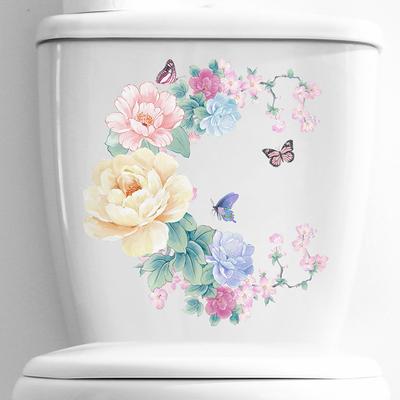 Autocollant imperméable à motif de fleurs et de papillons, pour mur de salle de bains, couverture de toilette, décalcomanie décorative, décor mural de salon et de chambre à coucher