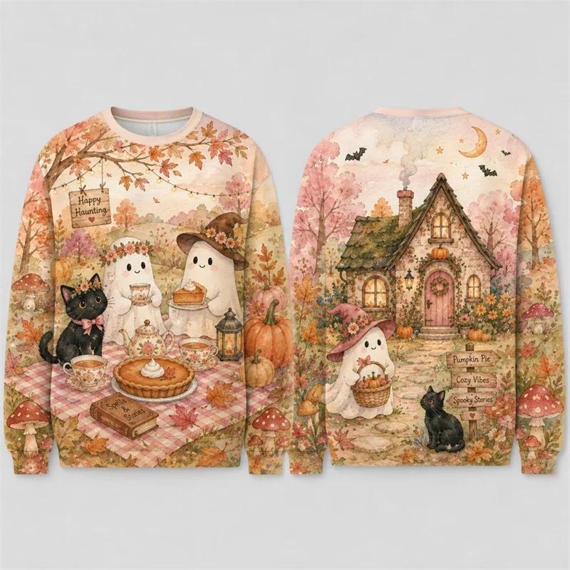 New Autumn 2026 Skeleton Surfing Motel Hoodie Men's Halloween Printed Polyester Round Neck Long Sleeve Horror Street Leisure