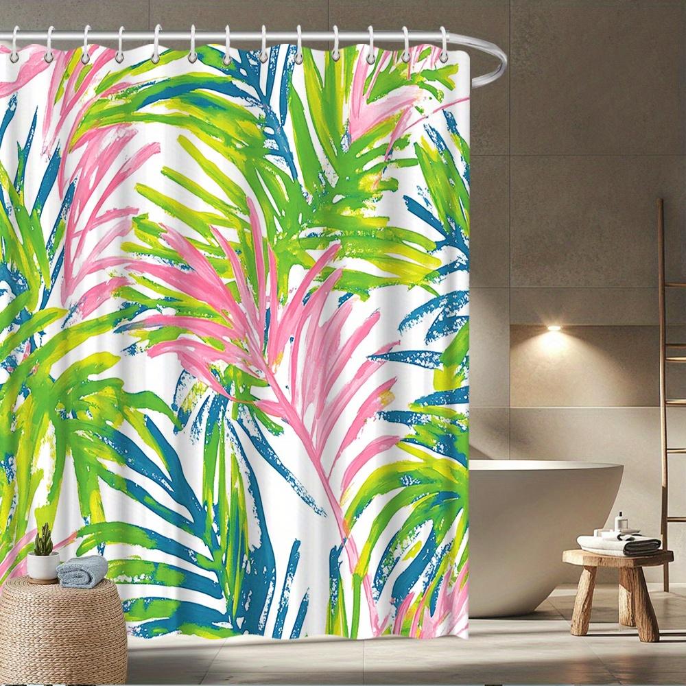 

Tropical Palm Leaf Shower Curtain – Watercolor Print, Pink/Green/Blue, Waterproof Polyester, 70.8×70.8 , 12 Hooks W60H190(CM)-1 Pcs