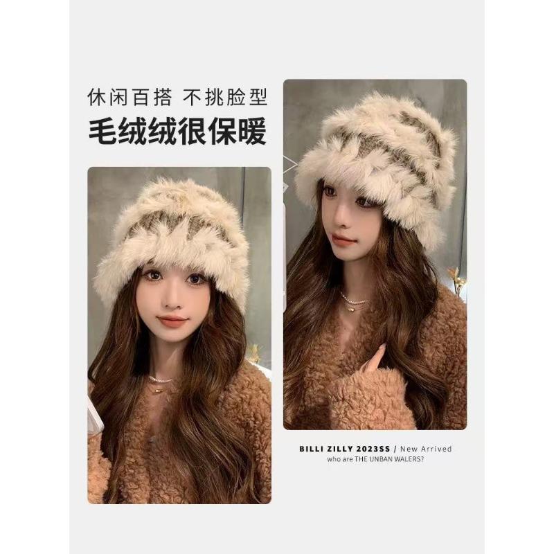 Winter Cute Fluffy Rabbit Fur Blend Bucket Hat For Big Face