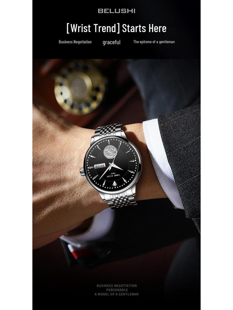 Pánské automatické mechanické hodinky Jinlong s průhledným dýnkem a motýlkovou sponou