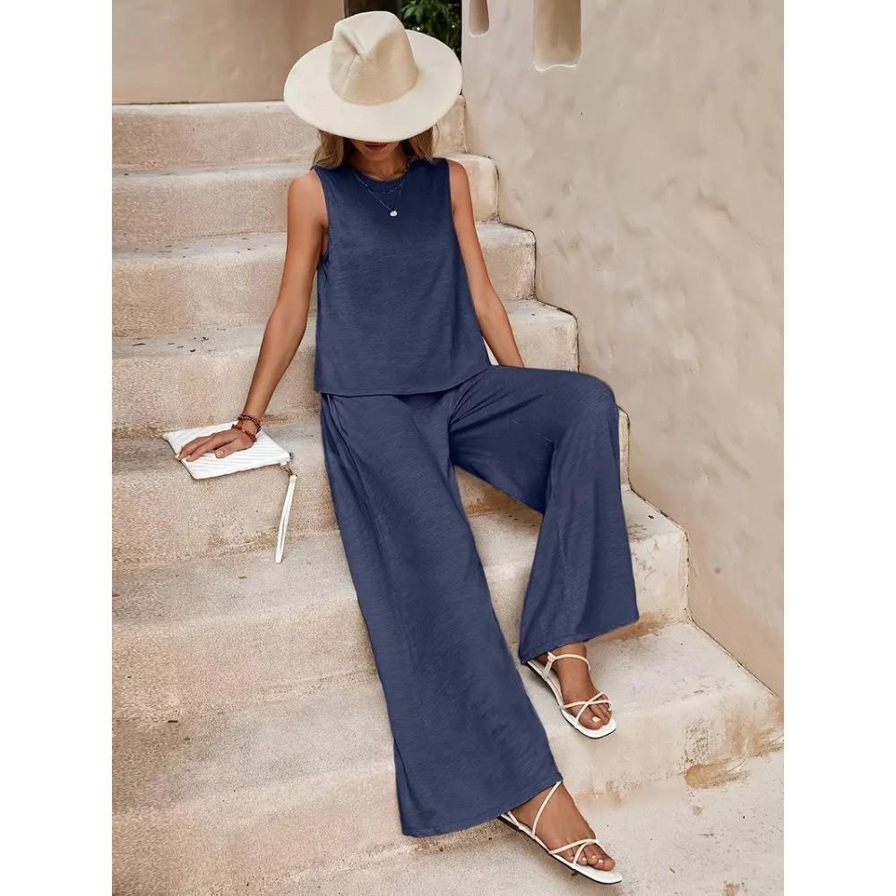 Women Solid 2 Piece Outfit, Round Neck Sleeveless Tank Top + Wide Leg Pants, Casual Matching Set