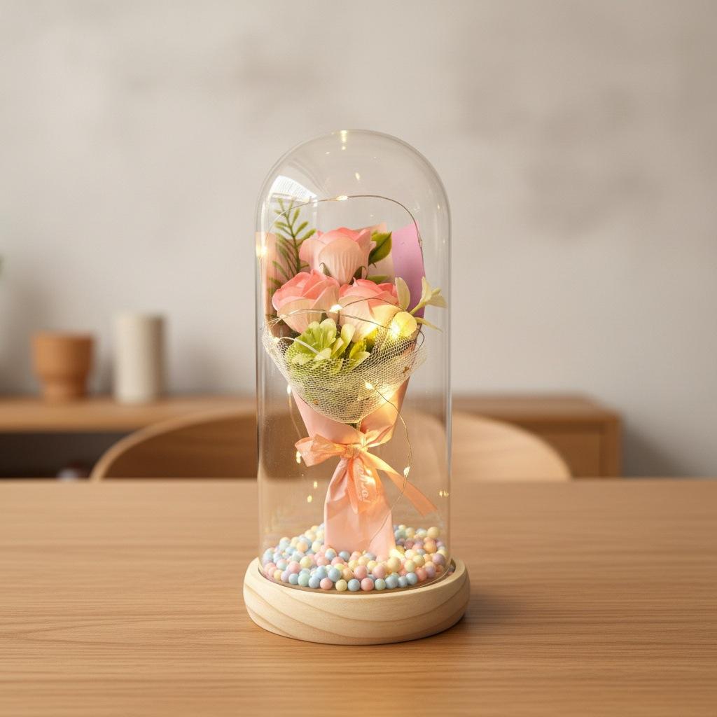 1 Artificial Rose Immortal Flower Bouquet Glass Cover Soap Flower Qixi Festival Valentine's Day Gift Creative Christmas Gift