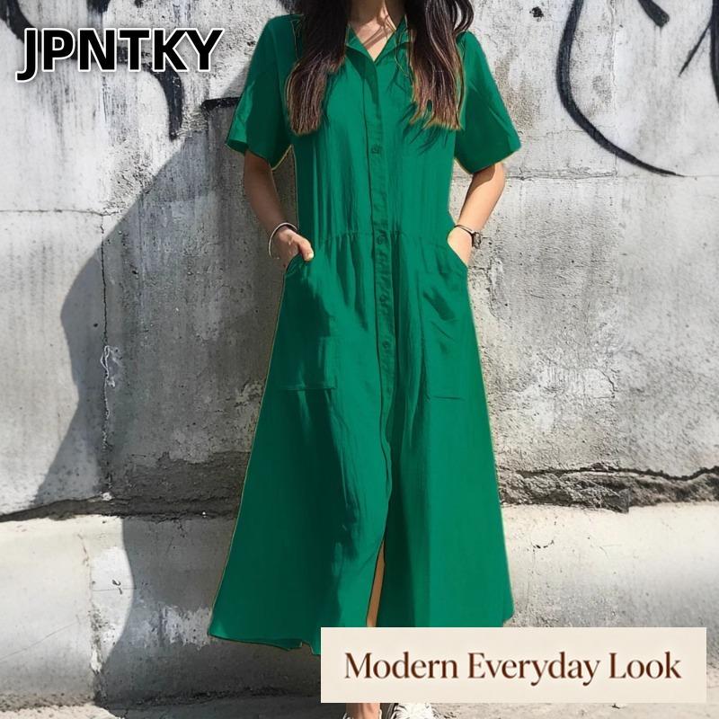 JPNTKY Women's Fashion Summer Spring Solid Color Print POLO Neck Short Sleeve Casual Dresses