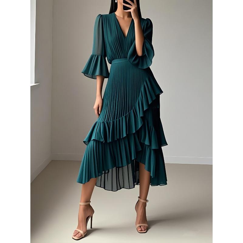 New ruffle edge long dress pleated irregular dress S темно-зеленого