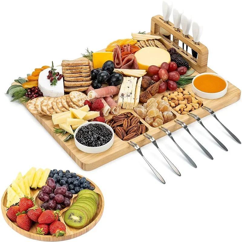 Bamboo Wooden Cheese Board with Cutlery Set Cheese Tray Cheese Cutting Board 13 Piece Set Dinner Plate Fruit Plate Snack Plate