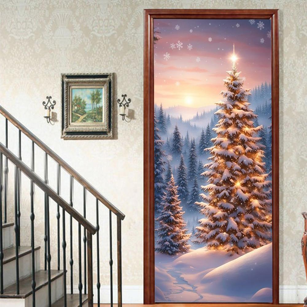Christmas Tree PVC Self-Adhesive Waterproof Door Sticker Modern Simulation Door Mural Wallpaper Living Room Study Home Decor Art Door Poster