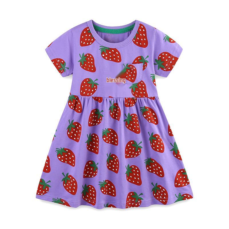European Summer Strawberry Print Princess Dress for Girls - Cute, Short-Sleeved 6Y (120cm)