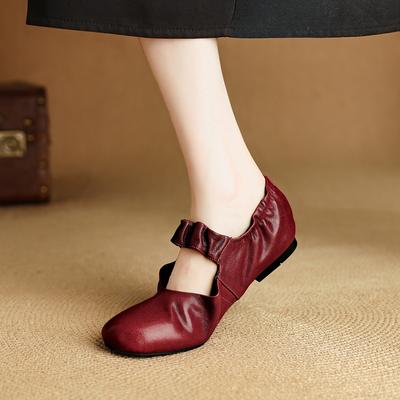 Fashion Women's New Leather Sheepskin Round Head Buckle, Soft and Comfortable, Pleated Low Heel Retro Mary Jane Single Shoe