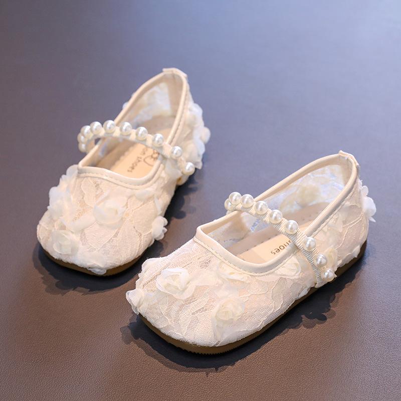 

Туфли принцессы для девочек, сетка, кружево, цветы, детские балетки, нескользящие, дышащие, новая модная обувь для девочек 2025, круглый носок, мягкие, милые 26 бежевый