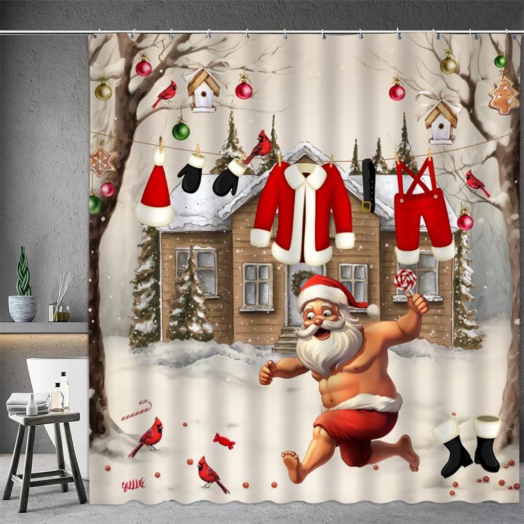 Christmas Shower Curtain, Winter Snowman Santa Claus Snowflake Gnome Farm Truck Berry Christmas Tree Cartoon Bathroom Decorati