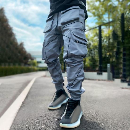 Men Cargo Pants Ankle-banded Reflective Patchwork Multi Pockets Loose Casual Straight Leg
