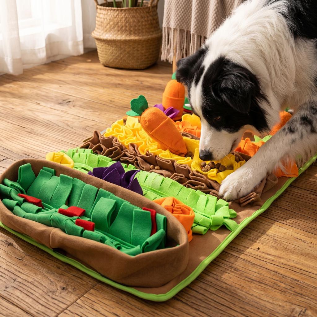 Schnüffelteppich für Hunde und Katzen, Interaktives Futterspielzeug zur langsamen Fütterung, Indoor-Beschäftigungsaktivität, Kartenboden Drei Karotten 78