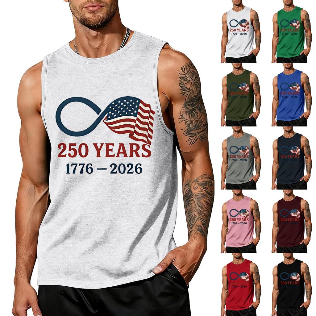 Men's Sleeveless Crew Neck Tank Top with Flag Print 250 Years Anniversary Athletic Fit Shirt