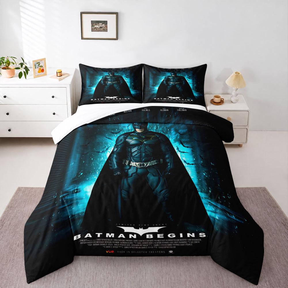 Batman Begins Movie Bedding Set, Dark Blue Cave, Batman In Suit Among Bats, Origin Story Superhero Poster