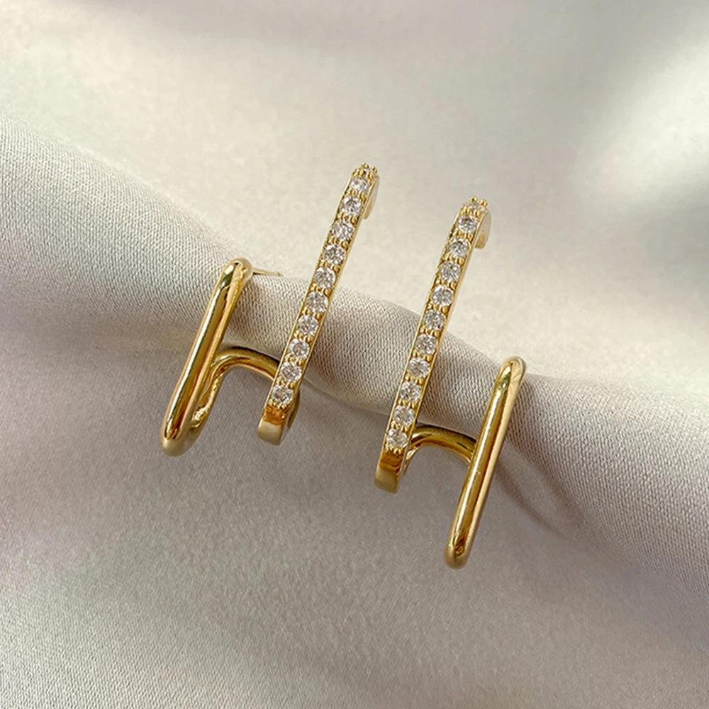Korean New Design Irregular U-shaped Gold Color Crystal Stud Earrings for Women Girl Fashion Jewelry Daily Wear Gifts
