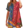 Women's Fashion Casual V-neck Short Sleeve Button Retro Color Block Splicing Print Dress