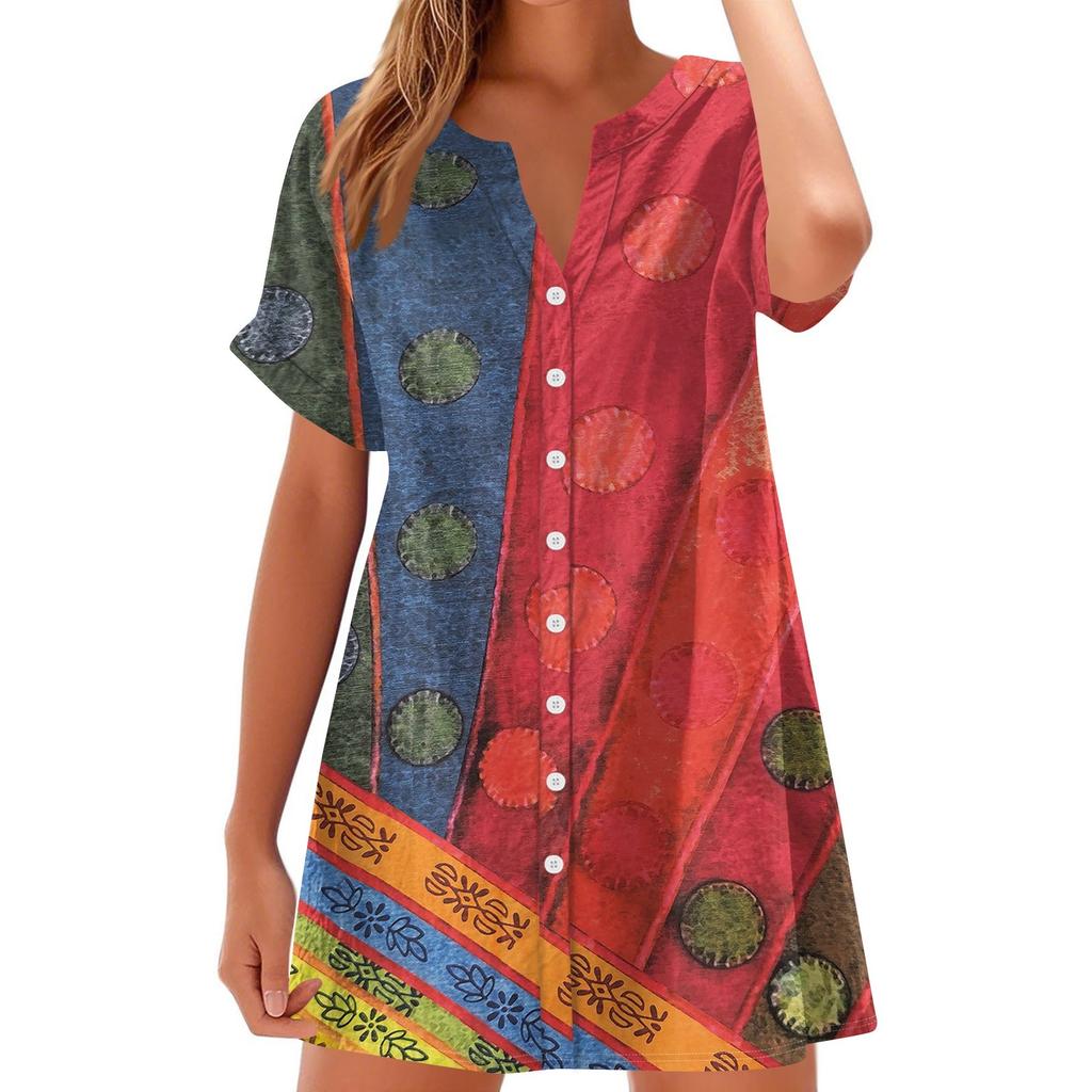 Women's Fashion Casual V-neck Short Sleeve Button Retro Color Block Splicing Print Dress