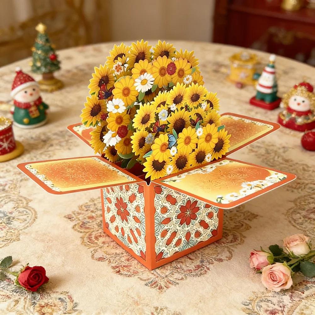 Creative Blessing Greeting Postcard 3D Pop-Up Tulips Roses Sunflowers Bouquet Card Gift For Her Friend Lover