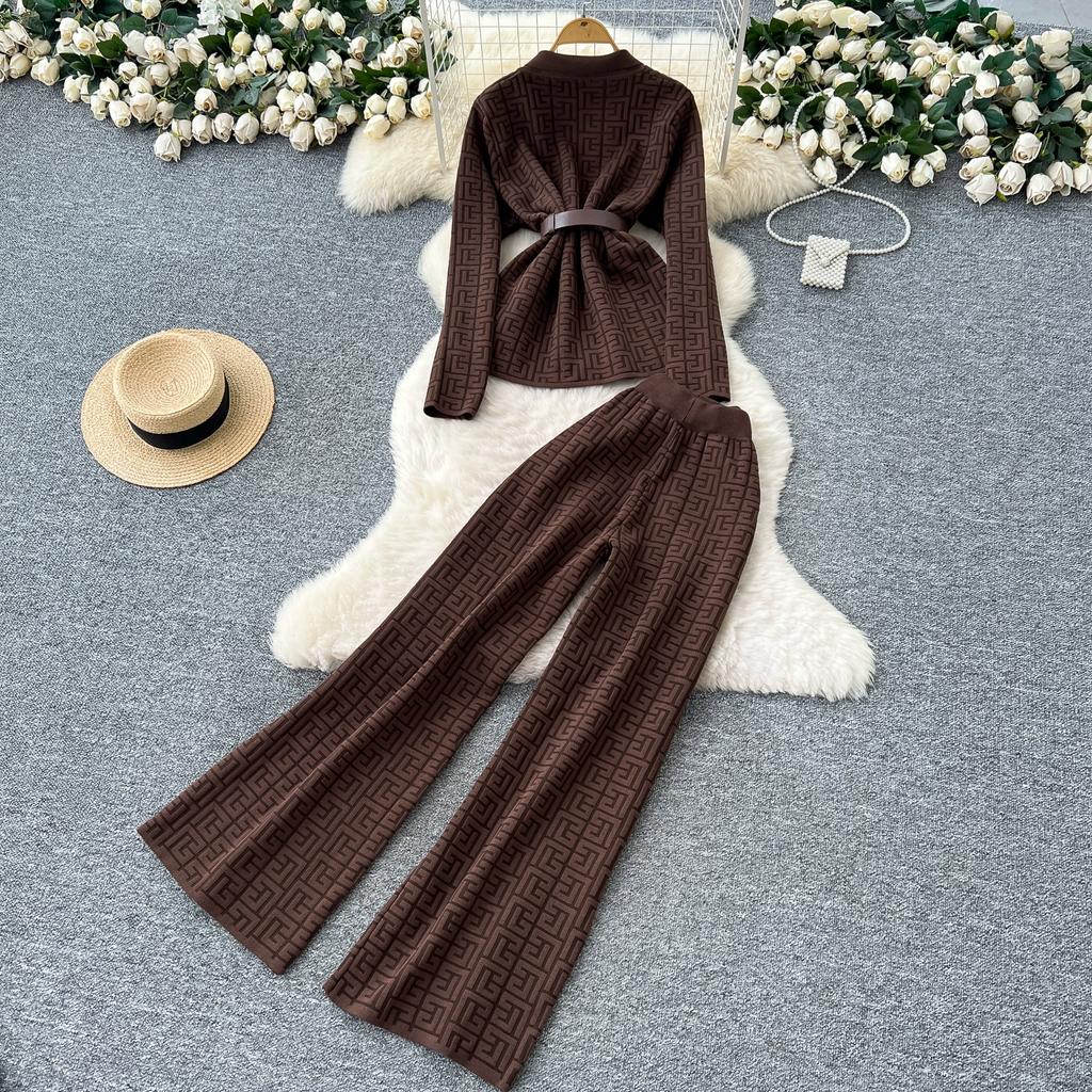 Herbst Winter Damen Vintage Designer Strickpullover Hose Zweiteiliges Set Blazerkragen Jacke Mantel und Weitbeinige Hose Trainingsanzug