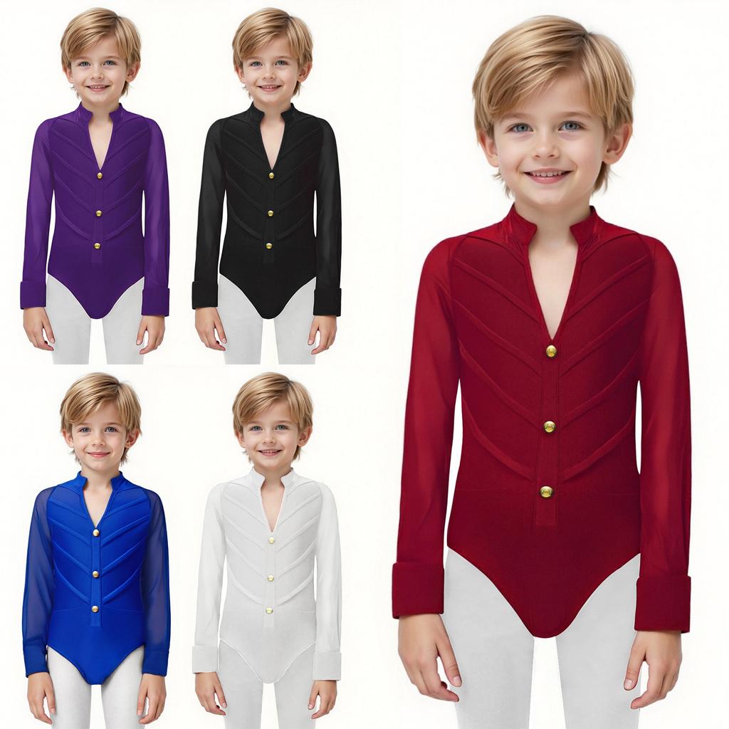 Boys Latin Ballroom Dance Bodysuit Long Sleeve Stand Collar Leotard Stage Performance Competition Costume