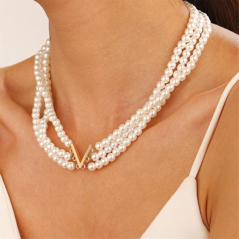 Elegant Choker Necklace with Multiple Chains for Women Fashionable Pearls Beaded Chain Necklace/Bracelet Accessory Charm