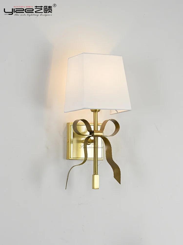 Large Retro Copper Ribbon Wall Light for Living Room Princess Bow Light Big Black/Biege Fabric Lampshade LED Wall Fixtures