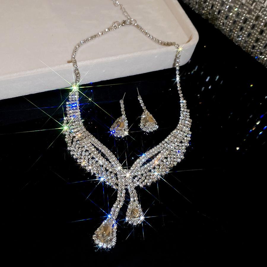Exquisite Rhinestone Water Drop Tassel Necklace & Earring Set - Luxurious European & American Style