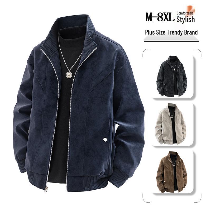 Men's Spring/Autumn Plus Size PU Leather & Corduroy Jacket - Trendy Lapel, Loose Fit, Hong Kong Style