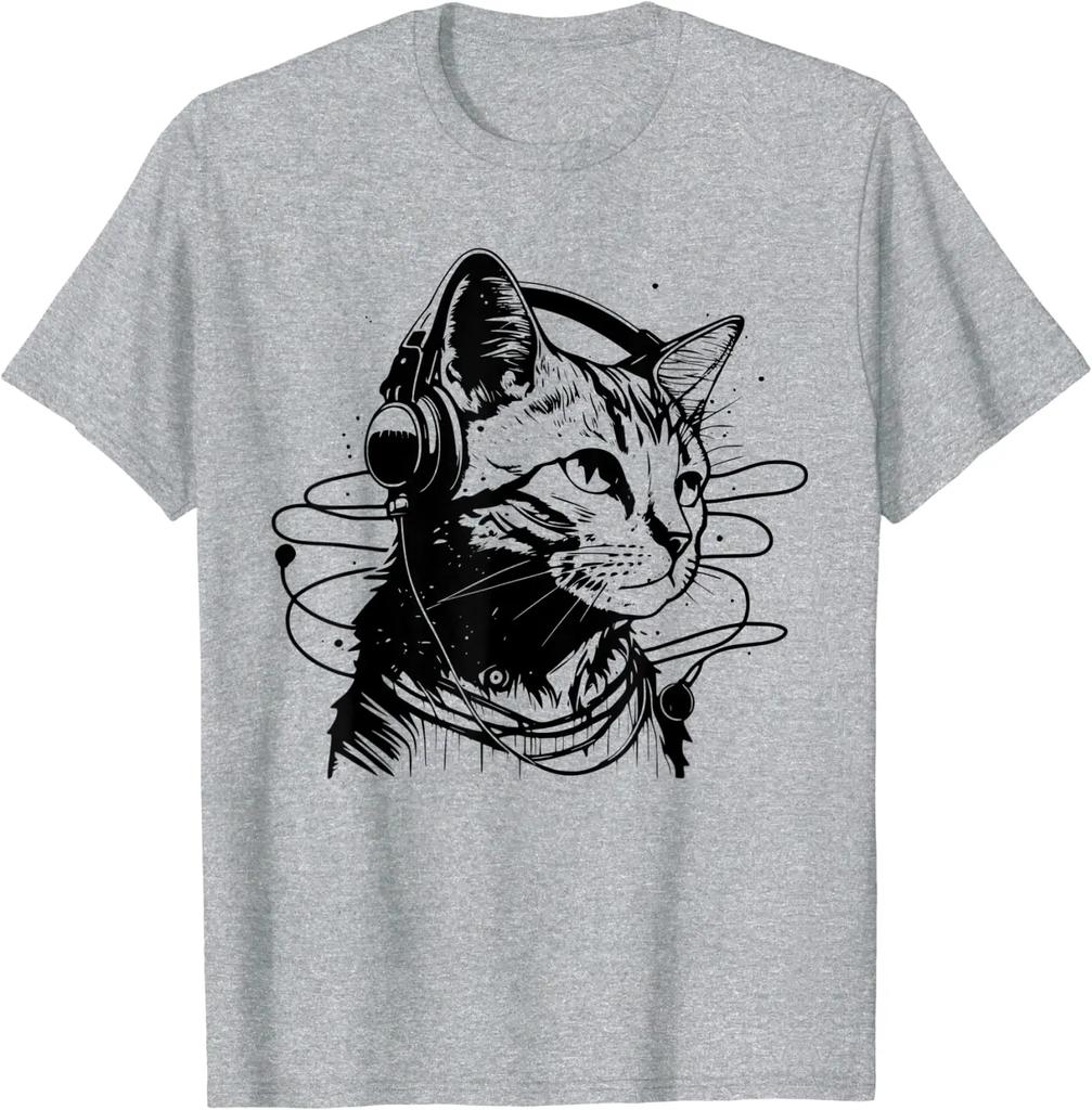 Cat In Headphones Funny Cat Vintage Funny Cat Tshirt Graphic T Shirts Oversized T Shirt Cotton Four Seasons Daily Tees Casual