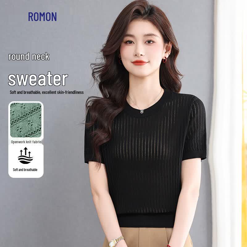 Simple Hollow Knit Round Neck T-Shirt L
