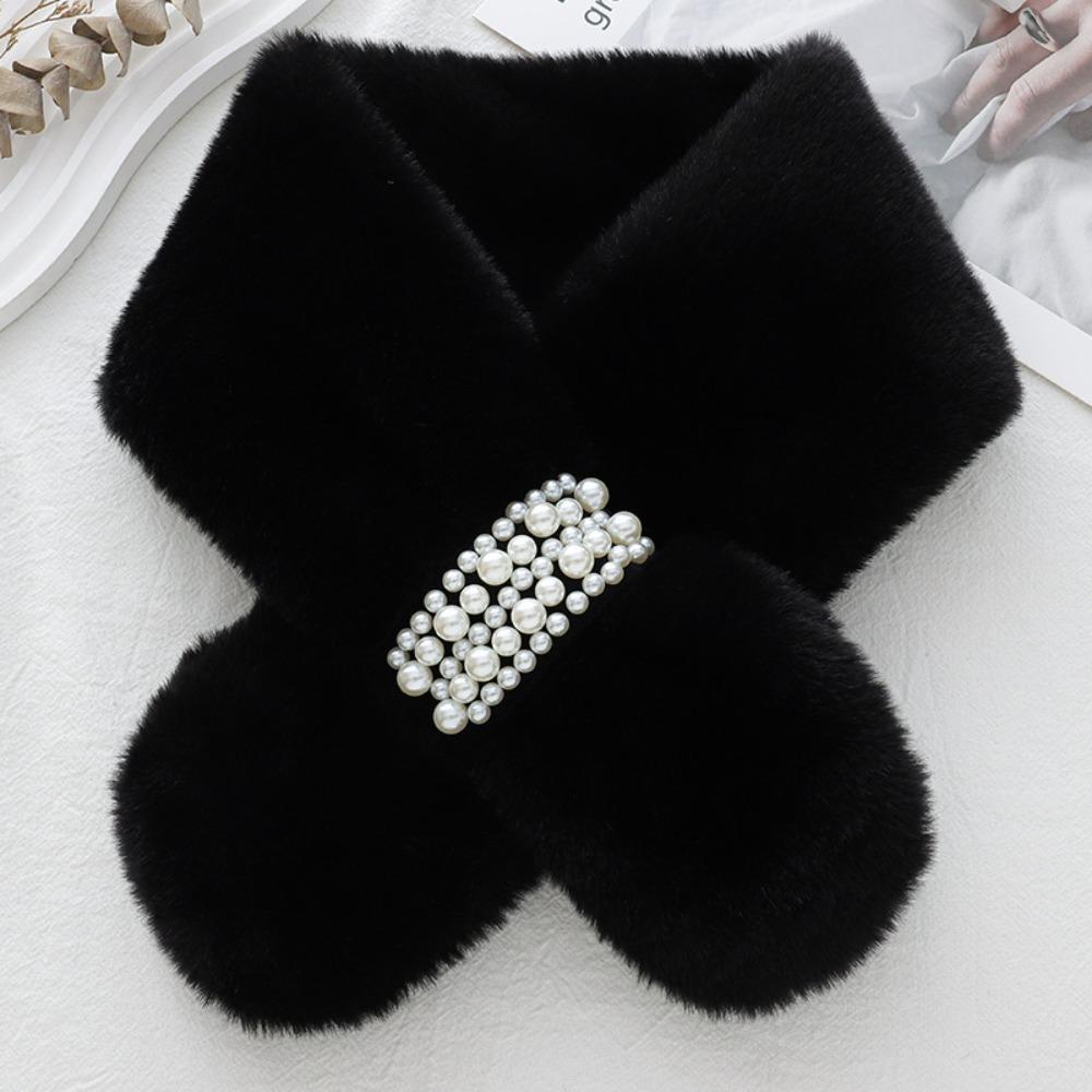 Cute Thickened Pearl Plush Scarf Soft Faux Rabbit Fur Korean Style Scarf Cross Warm Neck Warm Ring Women Girls