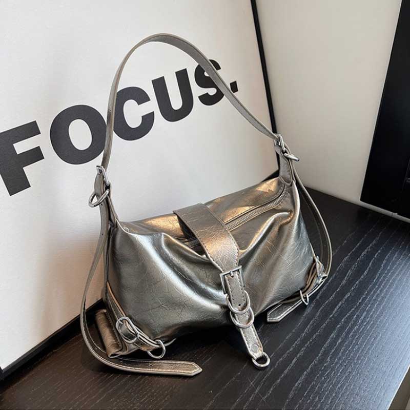 Silver Leather Crossbody Bags for Women Luxury 2024 Y2k Korean Fashion Underarm Shoulder Bag Female Armpit Bag Handbags bolsas