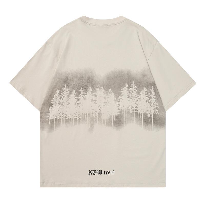 Trendy Summer New Japanese Retro Creative Landscape Print Pattern Loose and Versatile Breathable T-shirt