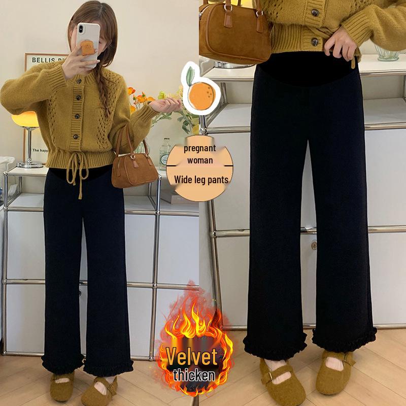 Winter 2025 Fleece-Lined Maternity Support Pants for Petites - Straight Leg, Nine-Point Length, Casual Stretch Trousers Large