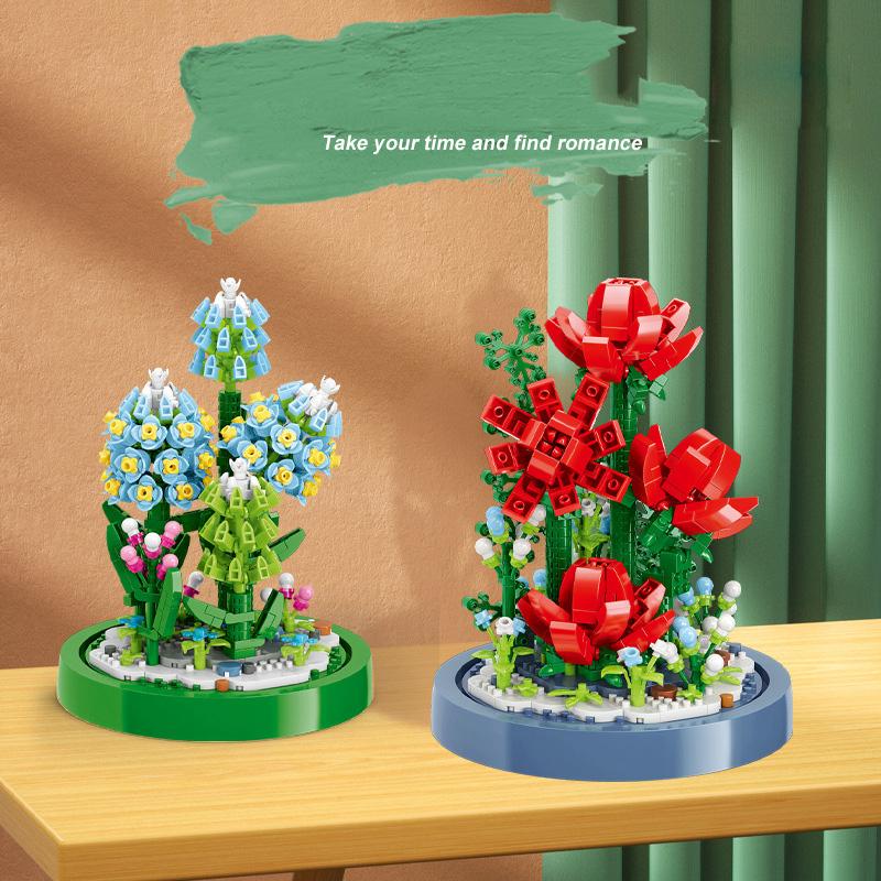 Plant Exhibition Booth Mini Block Flower Building Brick Rose Lily Lotus Hyacinth Sunflower Carnation Bonsai Toys For Gilr Gift