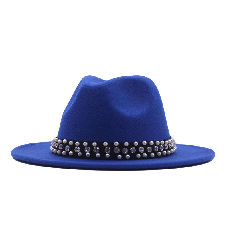 European and American Style Spring and Autumn Winter Imitation Felt Big Edge Hat British Retro Woolen Top Hat Women's Pearl Rhinestone Ribbon Jazz Hat