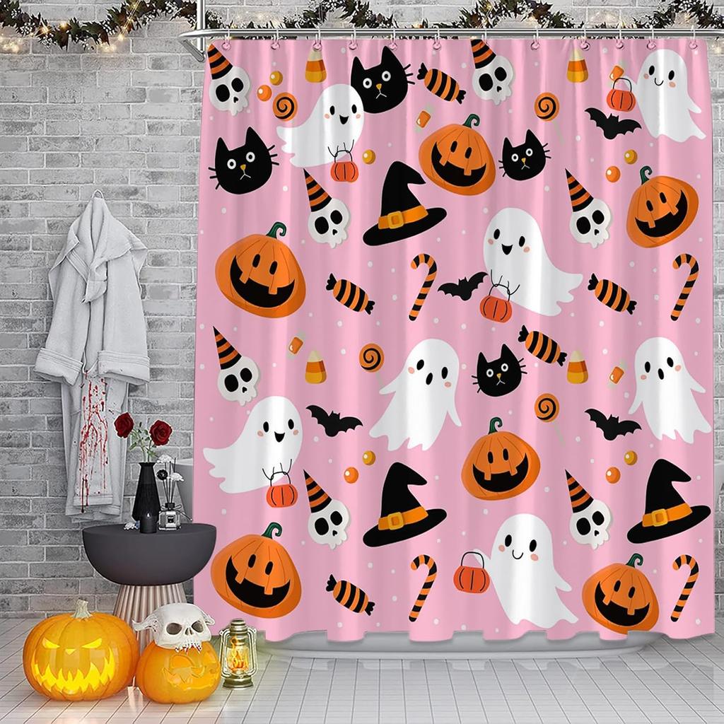 Halloween Shower Curtain Cute Ghost Pumpkins Cartoon Spooky Skull Gothic Fabric Decorative Bathroom Curtains with Hooks,Teal