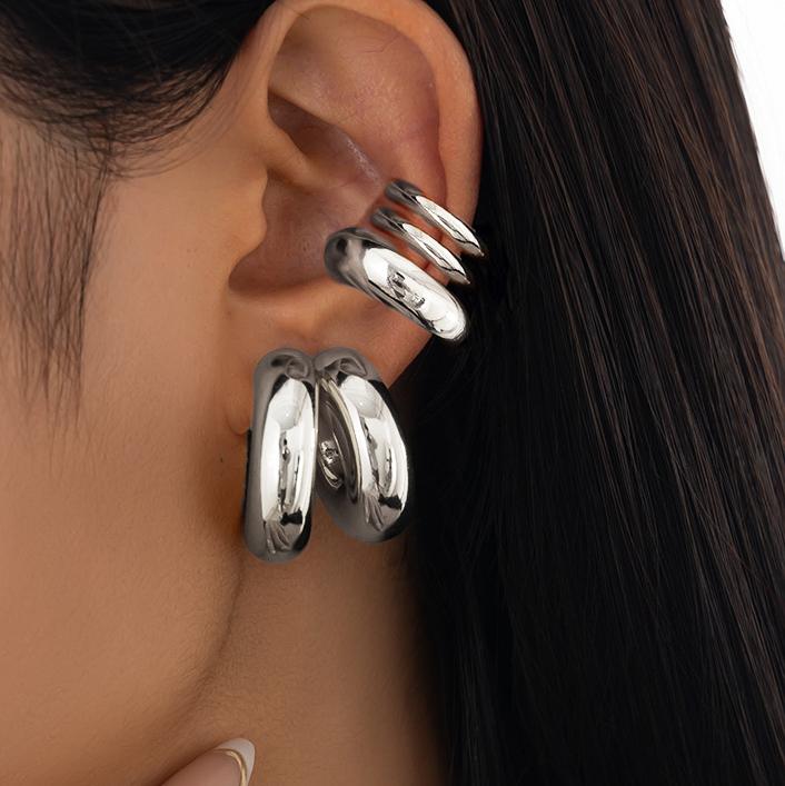 

5Pcs Metal Smooth Thick C-shaped Hoop Earrings Ear Clips for Women Men Classic Earrings Non Piercing Without Ear Cuff Zircon
