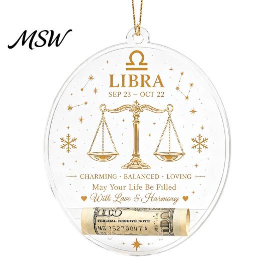 Hanging Decor for Showcase Christmas Tree Money Holder Pendant, Transparent Acrylic Round Ornament, 12 Holiday Gift Tags Zodiac Signs Theme Decorative