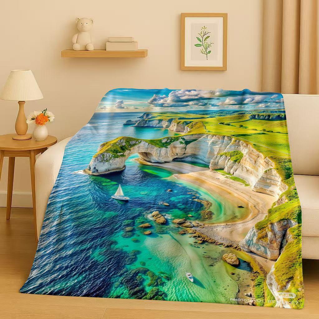 3D Beautiful Natural Scenery Sea Sky Tree Flannel Blanket,Ultra Soft Warm Plush Throw for Home Bedroom Bed Sofa Cover Kids Gift