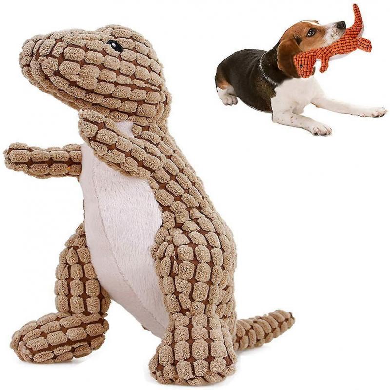 Squeaky Plush Toy Puppy Dog Chew Clean Teeth Toy Pet Interactive Toy Durable DinosaurBrown