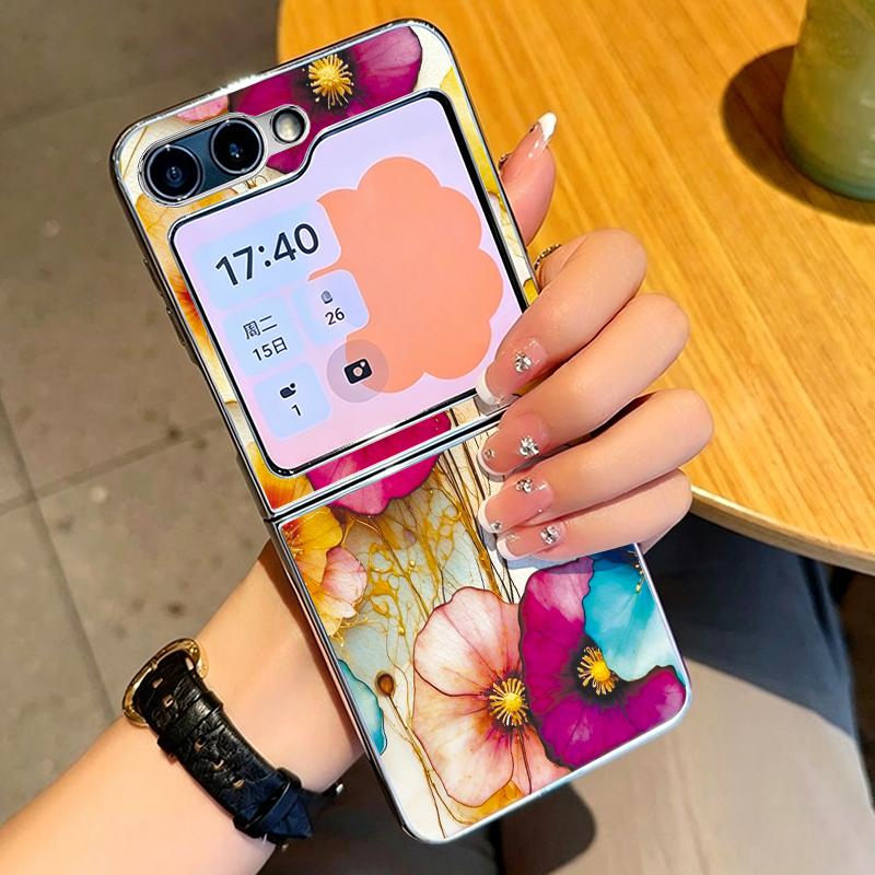 Oil Painting Flower Pattern Case For Samsung Galaxy Z FlIP 7 FE 6 5 Plating PC+PU Leather Hybrid Folding Cover For Samsung Z Flip7 Flip6 Flip5