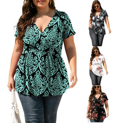 Manica corta con stampa floreale per donna Estate scollo a V incrociato a vita alta manica corta ampia moda casual traspirante sottile lavoro vacanza Plus Top
